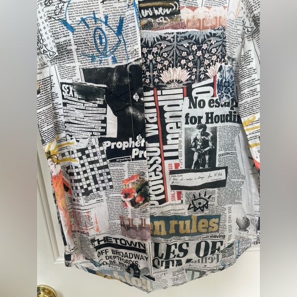 Desigual Newspaper Print Button Up Blouse – Long Sleeve Graphic Statement Top - Picture 6 of 14